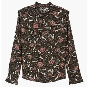 hinge Womens Ruffle Top Floral Blouse Long Sleeve High Neck Black Size Large